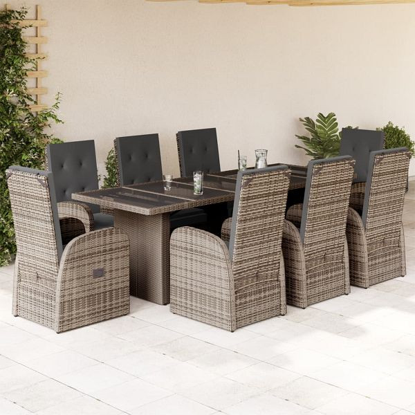 vidaXL 9-teilig Garten-Essgruppe mit Kissen Grau Poly Rattan, 3277603