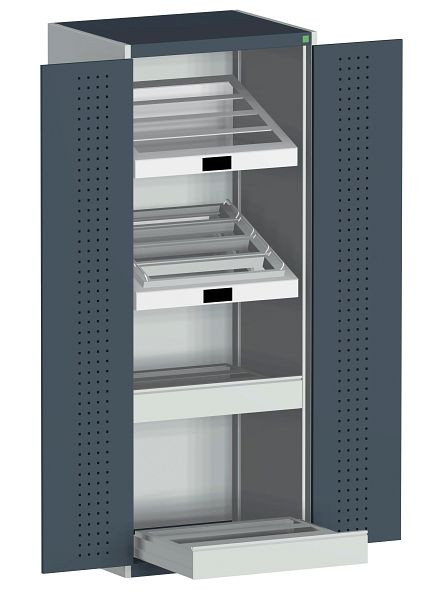 bott cubio Flügeltürschrank CNC bestückt 2 CNC Auszüge, 2 Innenschubladen CNC BxTxH: 800 x 650 x 2000 mm, RAL 7035, 40020150.16V