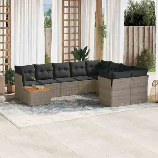 vidaXL 10-tlg. Garten-Sofagarnitur mit Kissen Grau Poly Rattan, UV-beständig, 3223827