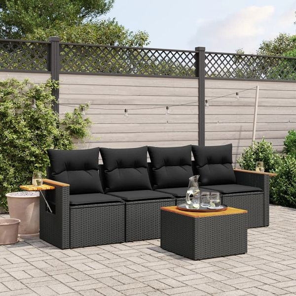 vidaXL 5-teilig Garten-Sofagarnitur mit Kissen Schwarz Poly Rattan, 3226615
