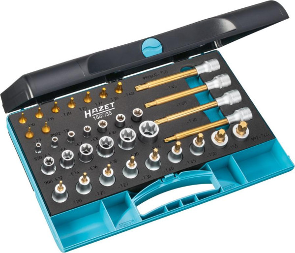 Hazet Werkzeug Satz TORX®, Vierkant hohl 6,3 mm, Vierkant hohl 12,5 mm, Außen TORX® Profil, Innen TORX® Profil, Anzahl Werkzeuge: 35, 1557/35