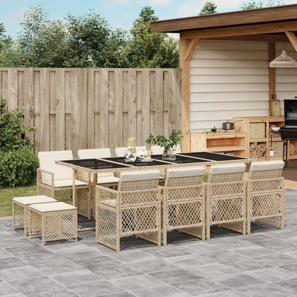 vidaXL 13-teilig Garten-Essgruppe mit Kissen Beige Poly Rattan, 3210802