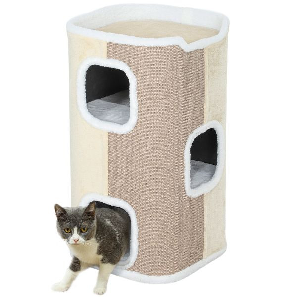 PawHut Kratztonne für Katzen, Katzenbaum, 3 Ebenen, robust, weicher Plüsch, Rückzugsort, Beige, D30-423V00BG