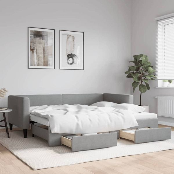 vidaXL Tagesbett Ausziehbar mit Schubladen Hellgrau 90x190 cm Stoff, 3196624