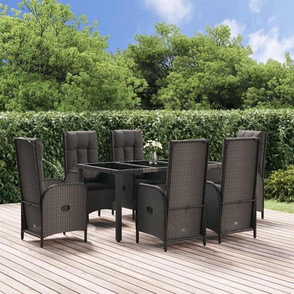 vidaXL 7-teilig Garten-Essgruppe mit Kissen Schwarz und Grau Poly Rattan, 3185056