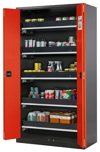 asecos Chemikalienschrank Systema-T CS-105F, Korpus anthrazit, Falttüren rot, 5 Tablarauszüge, 209020