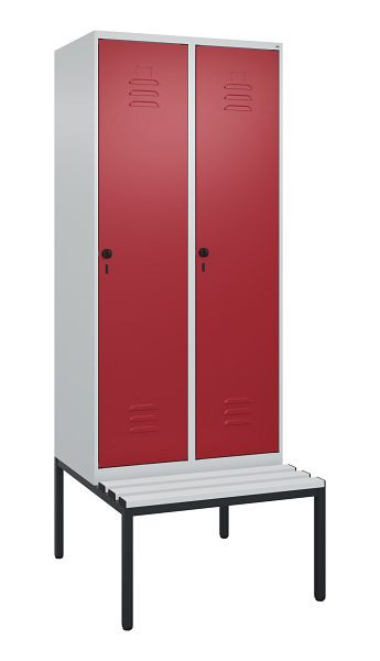 C+P Umkleidespind Classic PLUS mit Mitteltrennwand, Bank, 2 Abteile, 2120x800x815mm, 7035/3003, Drehriegel, 0800507-22F S10031