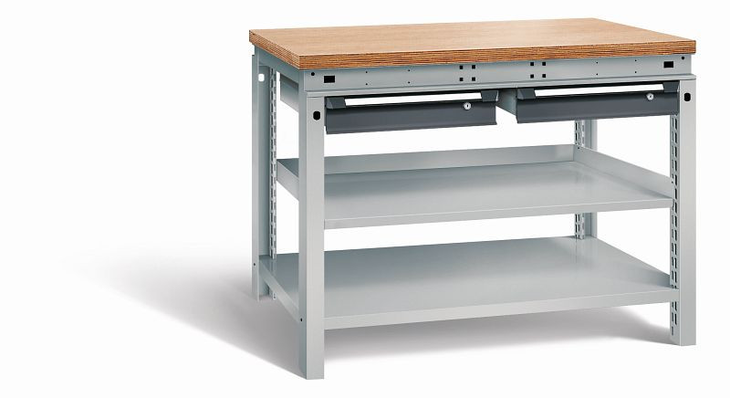 Otto Kind Werkbank Serie function Typ 209, Multiplexplatte 40 mm, bündig, 2 Schubladen 120 mm, Gehäuse RAL 9006, Front RAL 7016, 07233914S