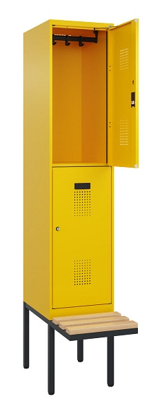 C+P Doppelstock-Spind Evolo PLUS, Bank, 2 Fächer, 2120x400x815mm, 1023/1023, Zylinderschloss, Sitzfläche Buche-Hartholz, 0493407-12 S10049