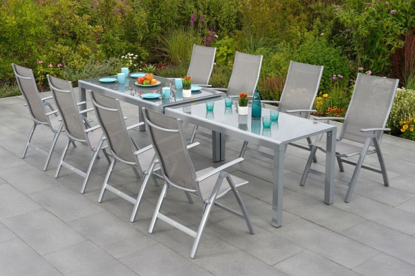 Merxx 9-teilig Taviano Set, 8 Klappsessel, gepaddet, 1 Tisch, Halbrundprofil, 190x100cm, Alumiuniumgestell mit Textilbespannung, 50689-330