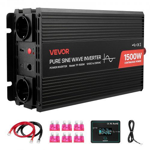 VEVOR 1500W Sinus-Wechselrichter 12V DC auf 230V AC, Fernbedienung, USB & Typ-C, 2 AC-Steckdosen, für RV, LKW, Camping, LCDPYKCZXNBQKRP6L001V2