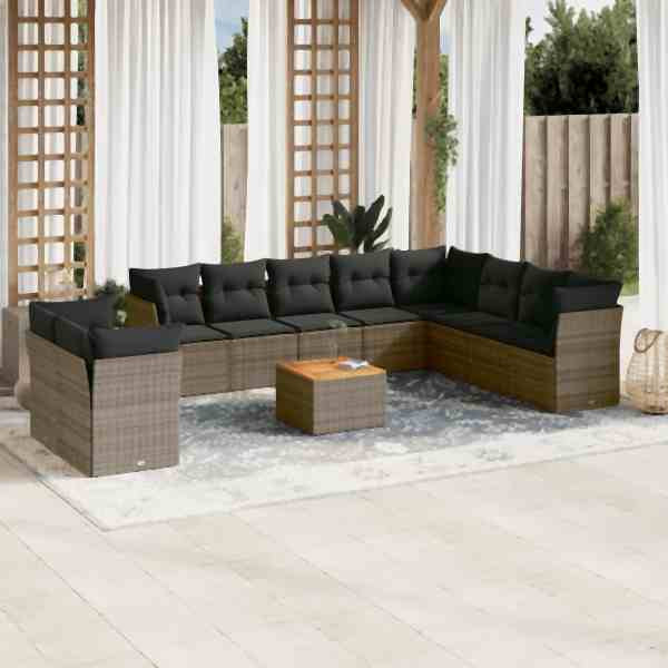 vidaXL 11-tlg. Garten-Sofagarnitur mit Kissen Grau Poly Rattan, UV-beständig, 3256053