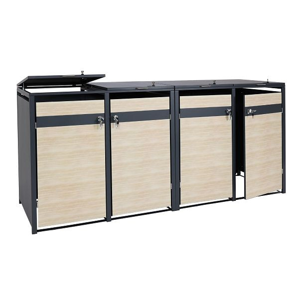 Mendler 4er Mülltonnenverkleidung HWC-J82, Mülltonnenbox, erweiterbar, Metall 100kg, anthrazit, Buche-Holzoptik hellbraun, 2x83357+2x83358