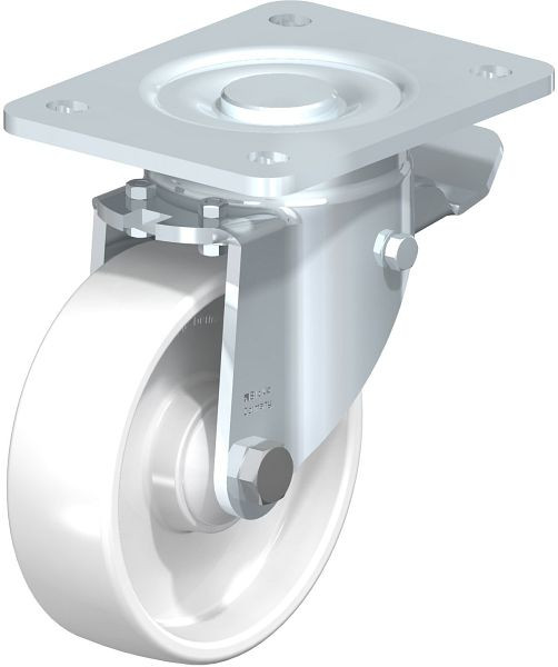 Blickle LH-PO 125K-3-ST Stahlblech-Lenkrolle, Schwerlast-Ausführung, mit Anschraubplatte & Feststeller, Polyamid, Weiß, 30726