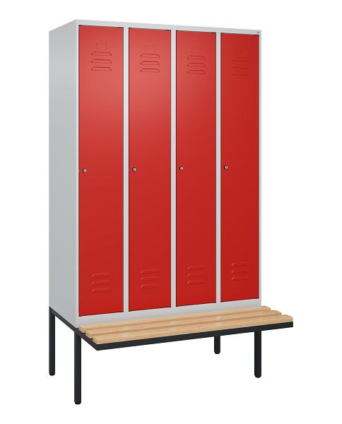 C+P Umkleidespind Classic PLUS, 4 Abteile, 2120x1200x815mm, 7035/3020, Zylinderschlösser, Buche-Sitzleisten, je 2 Doppel-Haken, 0800407-40F S10078