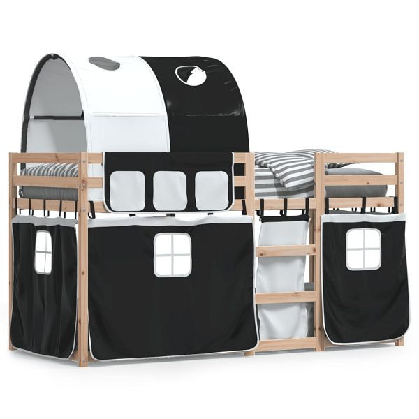 vidaXL Etagenbett mit Vorhängen Weiß Schwarz 90x200 cm Kiefernholz, 3284018