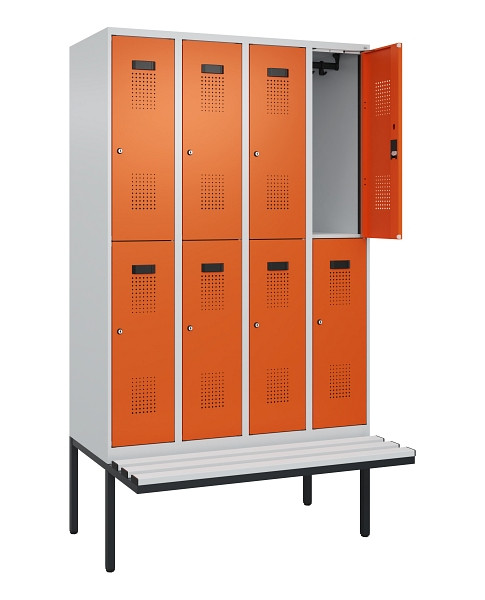 C+P Doppelstock-Spind Evolo PLUS, Bank, 8 Fächer, 2120x1200x815mm, 7035/2004, Zylinderschloss, Sitzfläche Kunststoff, 0493407-40 S10110