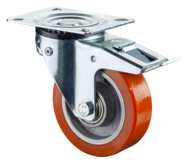 BS Rollen Lenkrolle mit Feststeller, Polyurethanrad, Aluminiumfelge, Kugellager, mit lastenabhängigem Richtungsfeststeller 360°, L320.B90.100