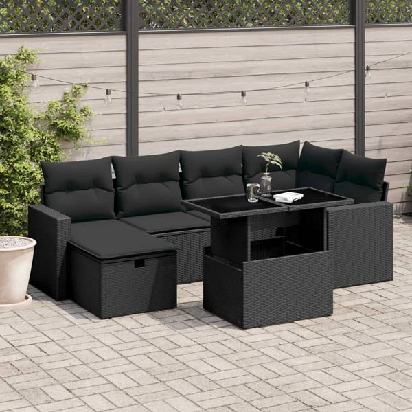 vidaXL 7-teilig Garten-Sofagarnitur mit Kissen Schwarz Poly Rattan, 3274815
