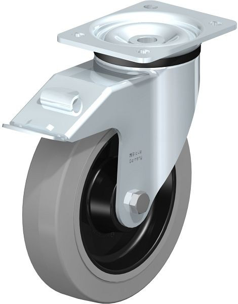 Blickle LK-POEV 200K-FI-SG Stahlblech-Lenkrolle, schwere Ausführung, mit Anschraubplatte & Feststeller, Elastik-Vollgummi, Grau, 739285