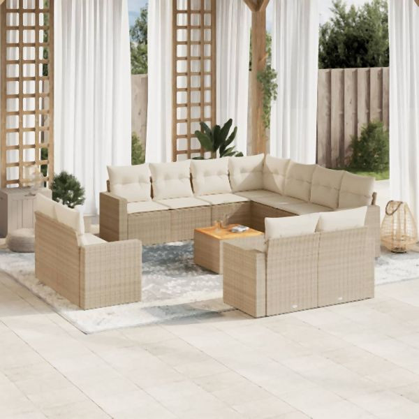 vidaXL 12-tlg. Garten-Sofagarnitur mit Kissen Beige Poly Rattan, 3256716