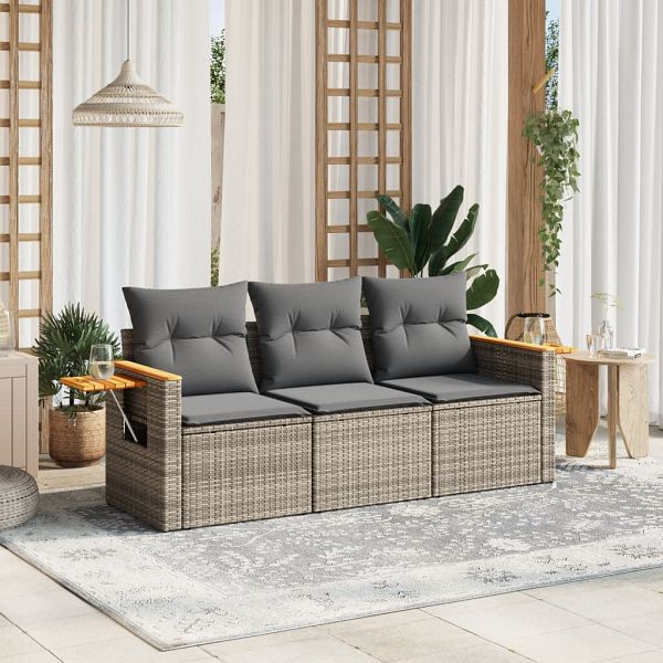 vidaXL 3-tlg. Garten-Sofagarnitur mit Kissen Grau Poly Rattan, 3226599