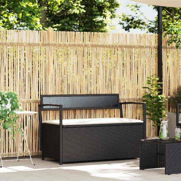vidaXL Gartenbank mit Stauraum und Kissen Schwarz Poly Rattan, 4103836