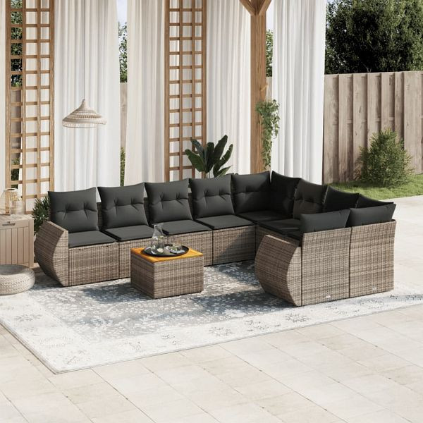 vidaXL 9-teilig Garten-Sofagarnitur mit Kissen Grau Poly Rattan, 3257264