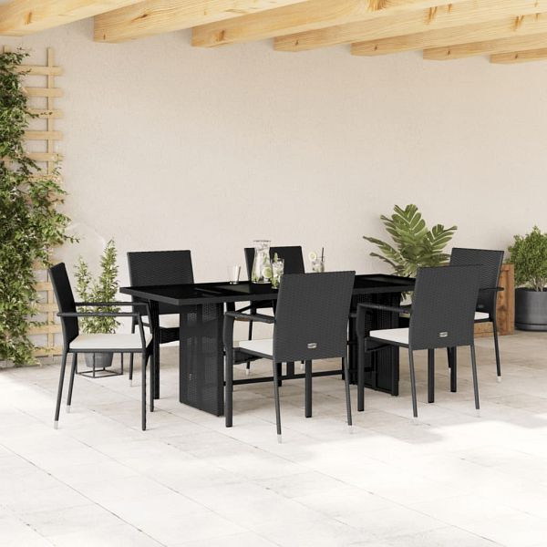 vidaXL 7-tlg. Garten-Essgruppe mit Kissen Schwarz Poly Rattan, 3213494