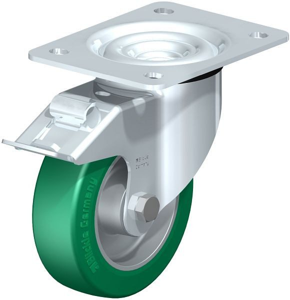 Blickle LK-ALST 125K-3-FI Stahlblech-Lenkrolle, schwere Ausführung, mit Anschraubplatte & Feststeller, Blickle Softhane®, Grün, 646190