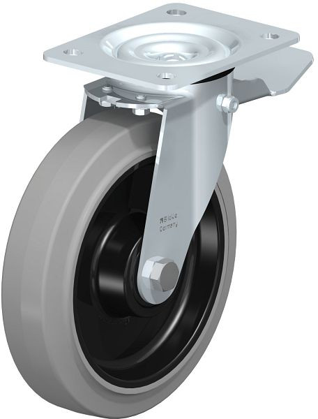 Blickle LE-POEV 200KD-ST-SG Stahlblech-Lenkrolle mit Anschraubplatte & Feststeller, Elastik-Vollgummi, Grau, 651869