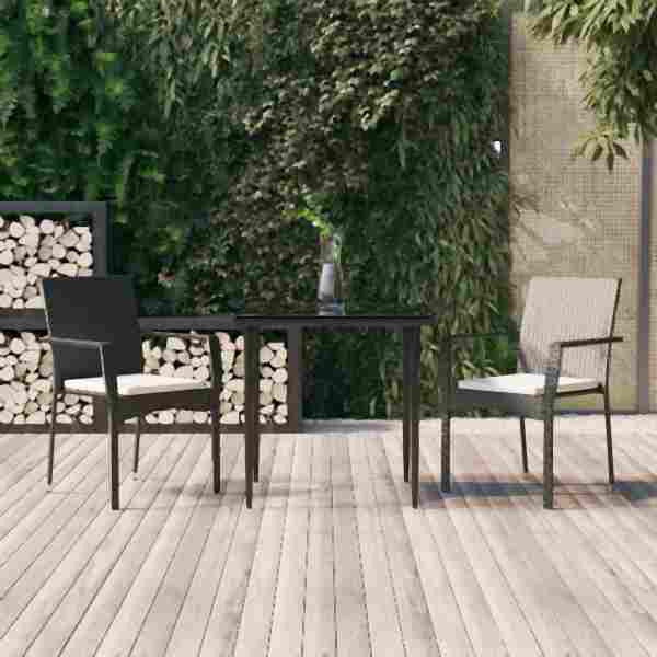 vidaXL 3-tlg. Garten-Essgruppe mit Kissen Schwarz Poly Rattan, 3185119