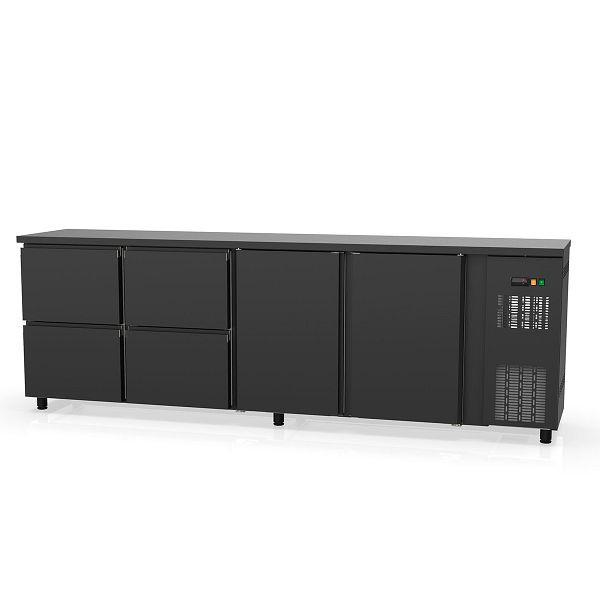 Vaiotec TOPLINE Barkühltisch 530 schwarz / 2 Türen & 4 Schubladen, 256,5x53x85 cm, 11406