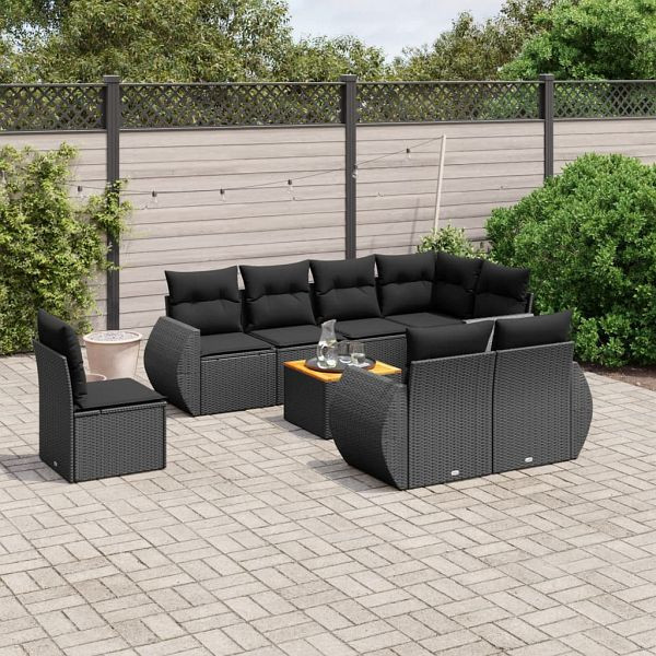 vidaXL 9-teilig Garten-Sofagarnitur mit Kissen Schwarz Poly Rattan, 3257427