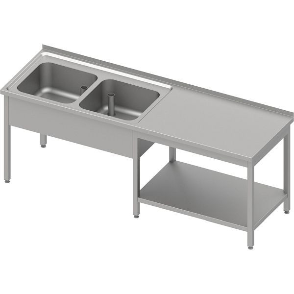 Stalgast Cheftisch mit Grundboden unter der Arbeitsfläche, mit zwei Becken links 2000x600x850 mm, mit Aufkantung, verschweißt, VST20626LA