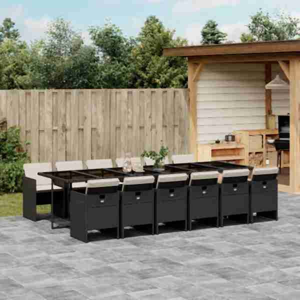 vidaXL 13-tlg. Garten-Essgruppe mit Kissen Schwarz Poly Rattan, UV-beständig, 3210582