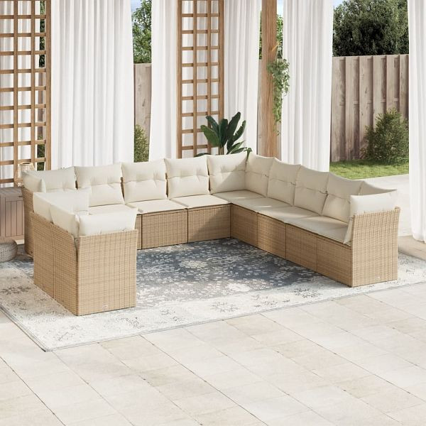 vidaXL 11-teilig Garten-Sofagarnitur mit Kissen Beige Poly Rattan, 3249717
