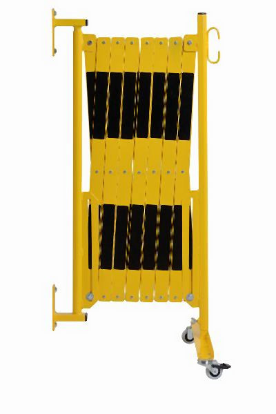 CRASH STOP Scherengitter gelb-schwarz 4,0m mit Wandfixierung und Rollenfuß, 70-40W