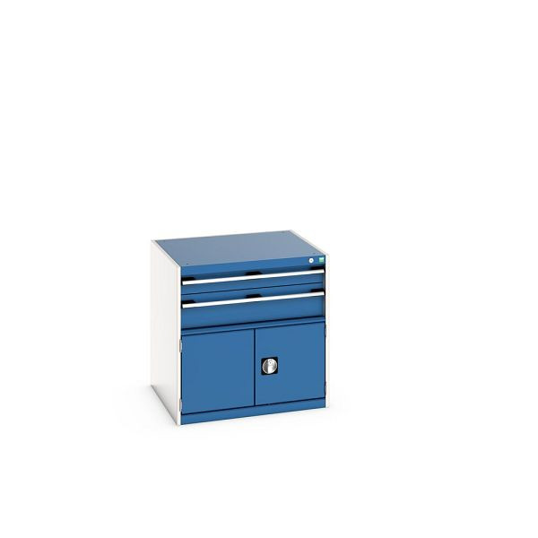 bott cubio Schubladenschrank bestückt, mit 2 Schwerlastschubladen, Tür, BxTxH: 800x750x800mm, RAL 7035/5010, Enzianblau, 40028098.11V