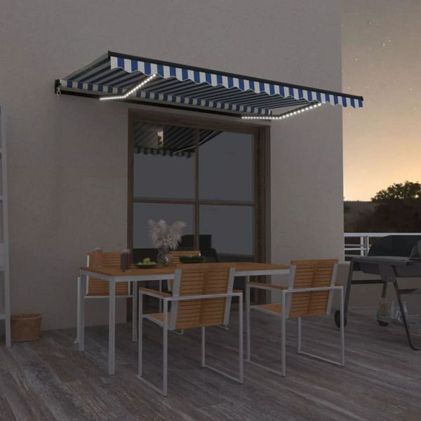 vidaXL Markise Manuell Einziehbar mit LED 450x300 cm Blau und Weiß, 3069121