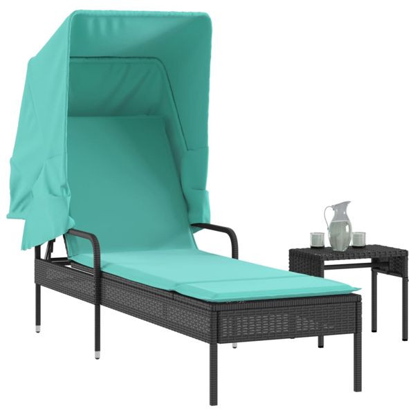vidaXL Sonnenliege mit Sonnendach und Tisch Schwarz Polyrattan, 368205