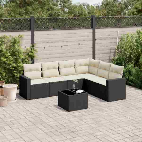 vidaXL 7-tlg. Garten-Sofagarnitur mit Kissen Schwarz Poly Rattan, UV-beständig, 3219006