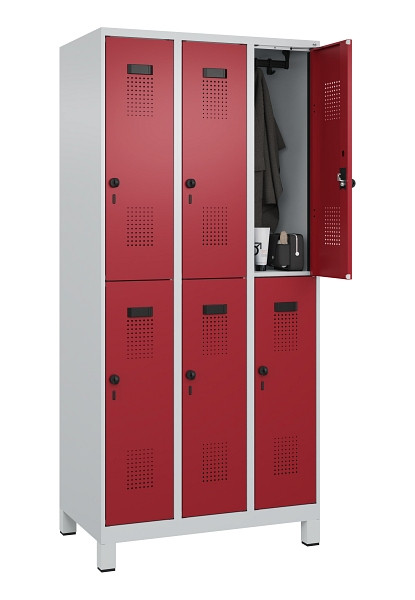 C+P Doppelstöckiger Spind Evolo PLUS, mit Füßen, 6 Fächer, 1950x900x500mm, 7035, Frontfarbe RAL 3003 Rubinrot, Drehriegel, 049310-30 S10004