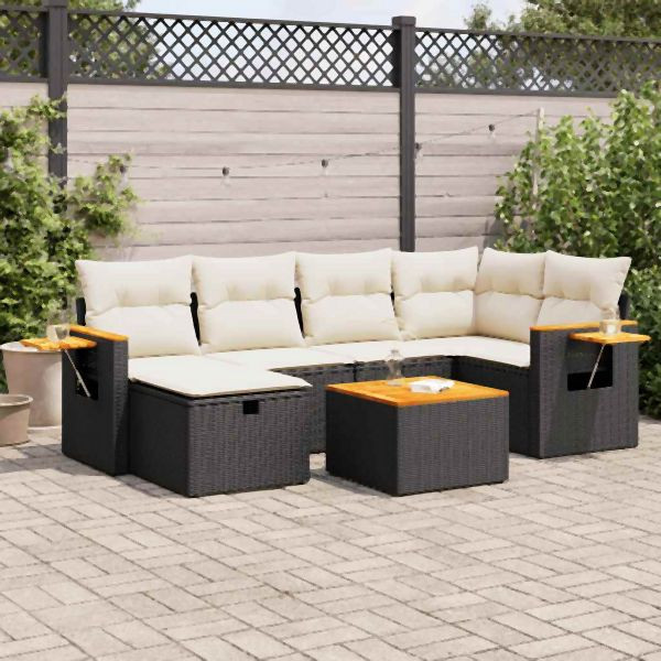 vidaXL 7-tlg. Garten-Sofagarnitur mit Kissen Schwarz Poly Rattan, 3325976