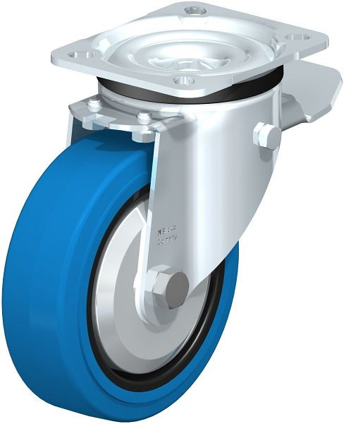 Blickle LK-POEV 125KD-1-ST-SB-FA Stahlblech-Lenkrolle, schwere Ausführung, mit Anschraubplatte & Feststeller, Elastik-Vollgummi, Blau, 851093