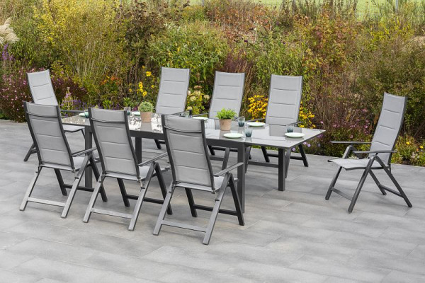Merxx 9-teilig Florenz Set, 8 Florenz Klappsessel, Rückenlehne verstellbar, graphit/grau, 1 Semi Ausziehtisch 200 (300) x 100 cm, 50251-309
