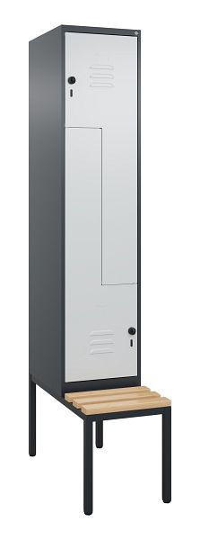 C+P Z-Spind Classic PLUS, mit untergebauter Sitzbank, 2 Abteile, 2120x400x815mm, 7016/7035, Drehriegel, Buche-Sitzleisten, 0800537-122 S10013
