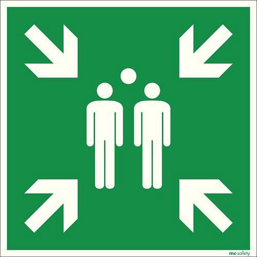 DENIOS Rettungsschild "Sammelstelle", ISO 7010, Folie, langnachleuchtend, SK, 600 x 600 mm, 219200