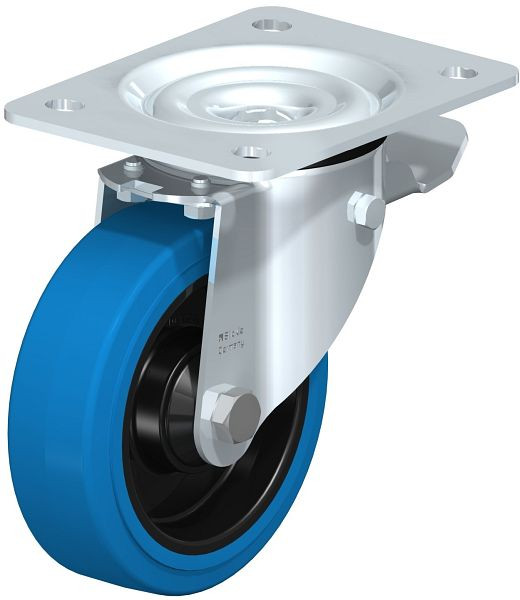 Blickle LK-POEV 125KD-3-ST-SB Stahlblech-Lenkrolle, schwere Ausführung, mit Anschraubplatte & Feststeller, Elastik-Vollgummi, Blau, 851161