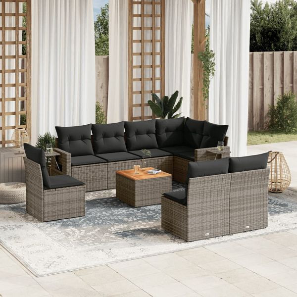 vidaXL 9-teilig Garten-Sofagarnitur mit Kissen Grau Poly Rattan, 3224604